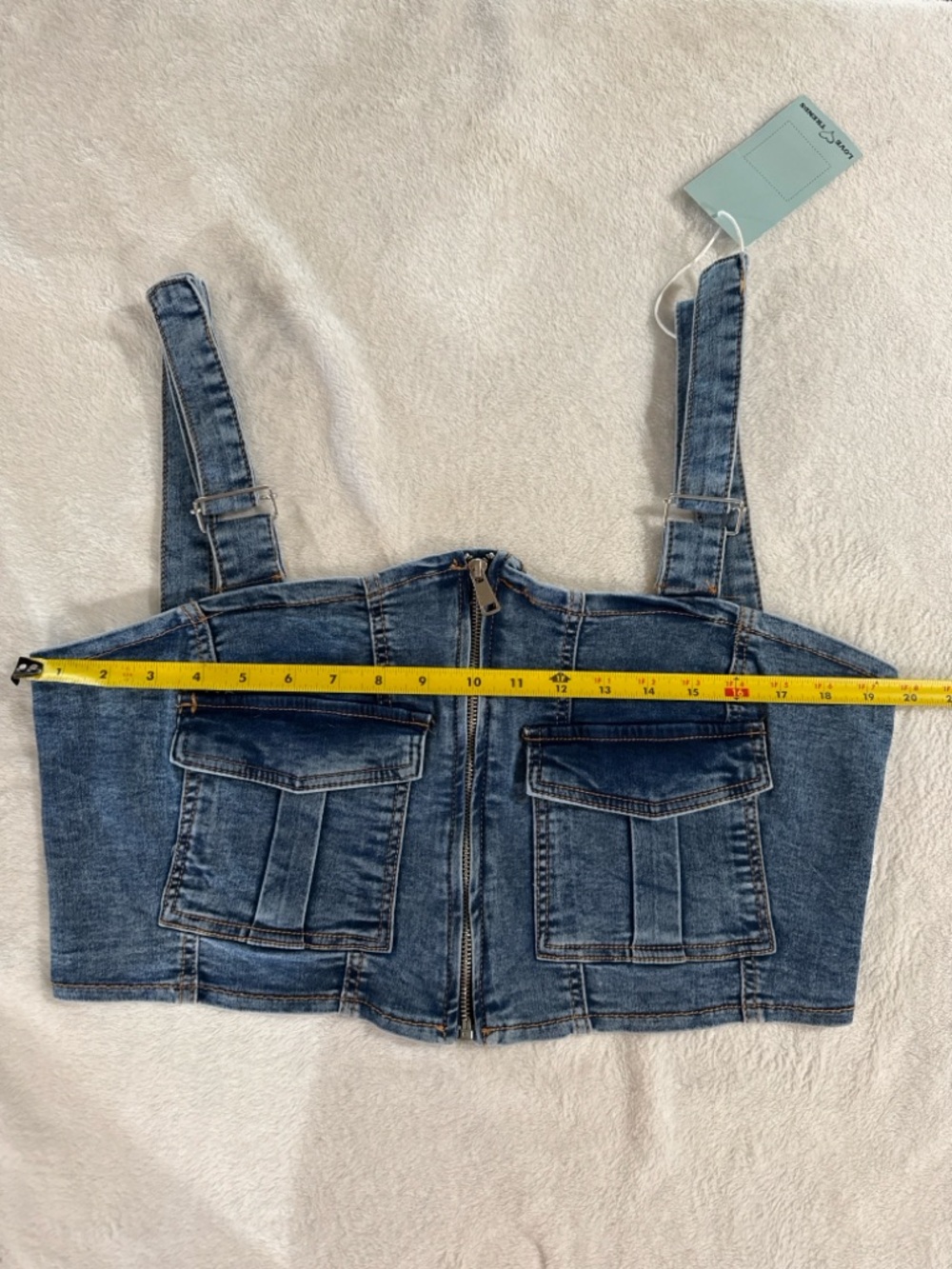 Denim Corset Top Cargo Pocket Zip Front Y2K Festival Crop XL 40” Bust - Picture 9 of 10